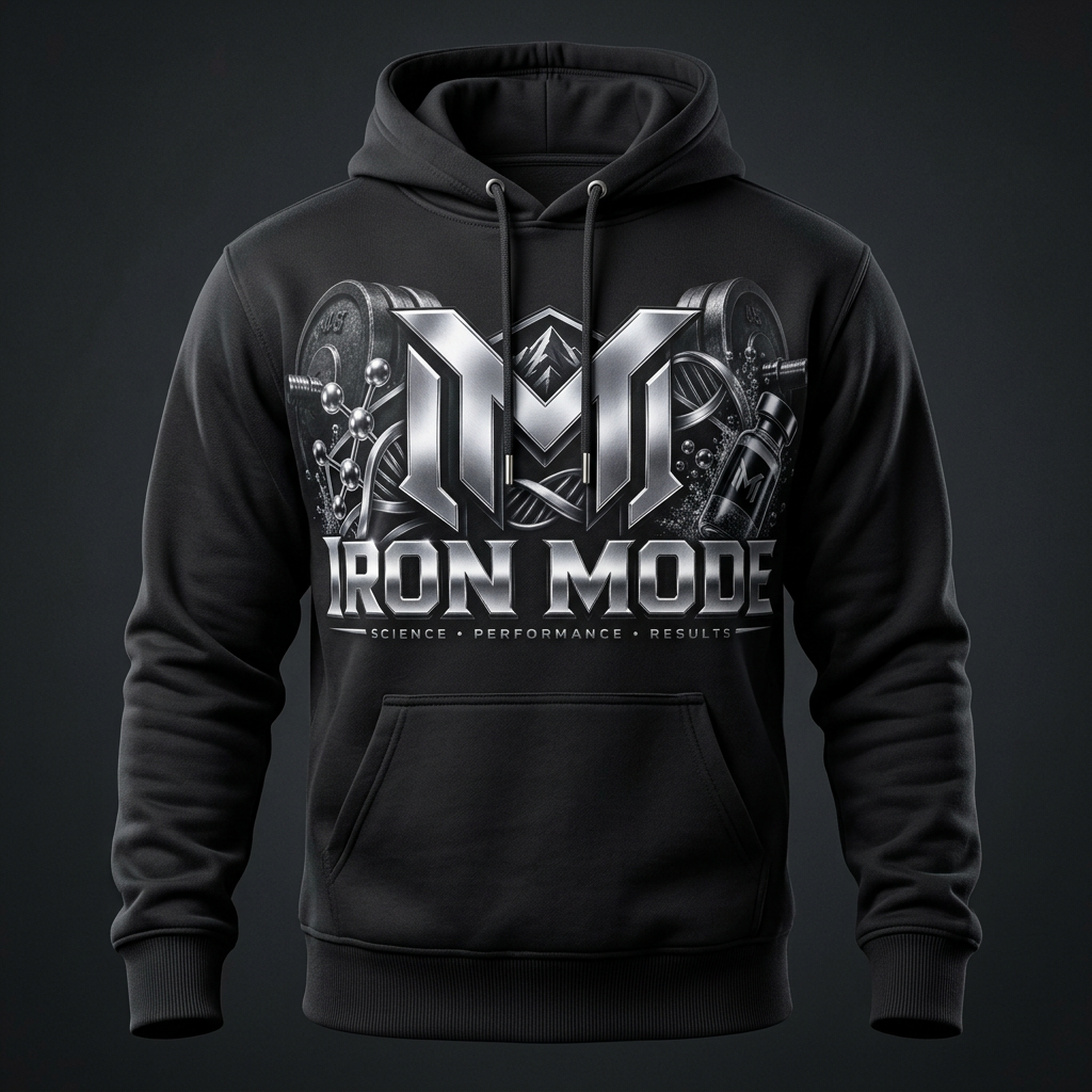 Black Iron Mode hoodie with silver logo and weights artwork
