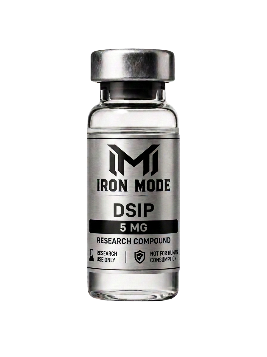DSIP 5 mg research vial with Iron Mode metallic label
