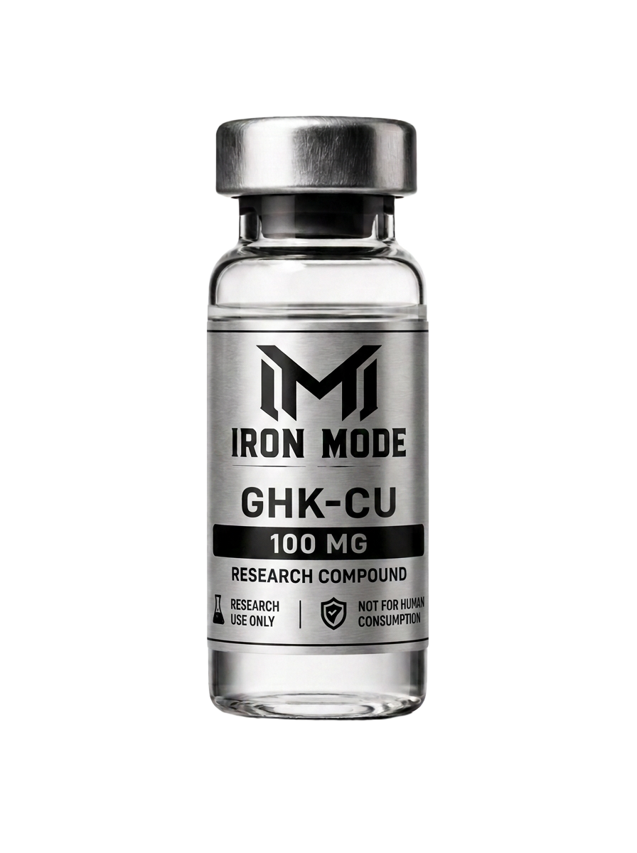 GHK-Cu research vial with Iron Mode metallic label