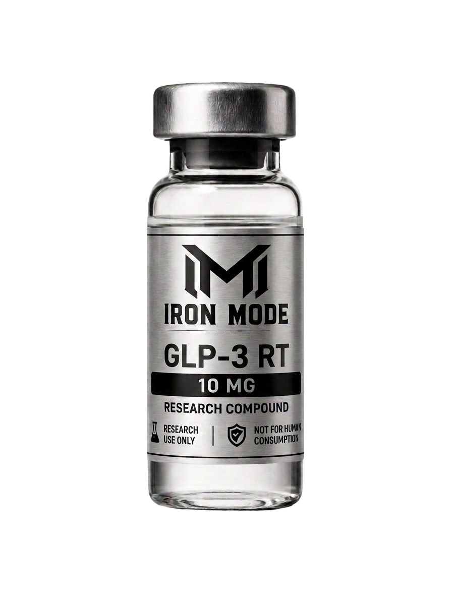 GLP-3 RT 10 mg research vial with Iron Mode metallic label