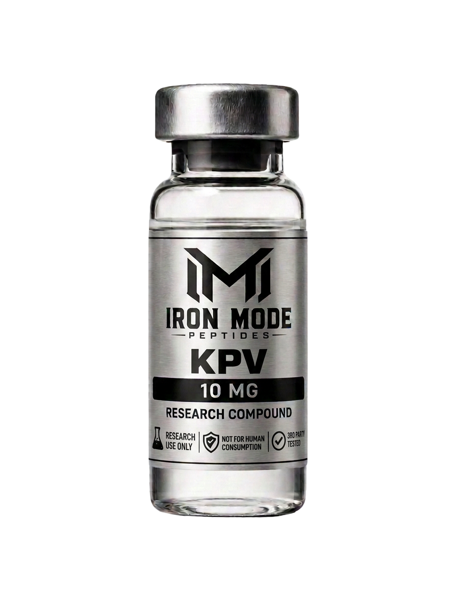 KPV 10 mg research vial with Iron Mode metallic label