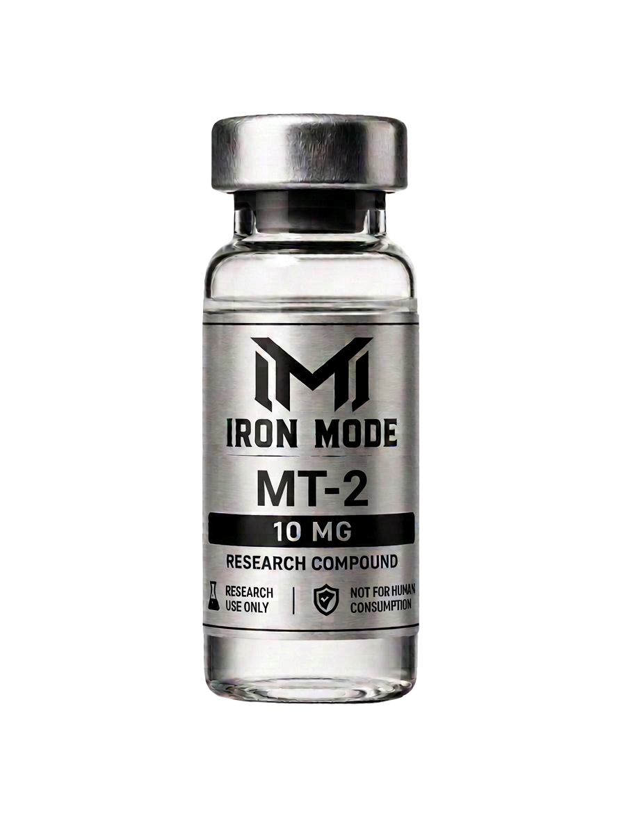 MT-2 10 mg research vial with Iron Mode metallic label