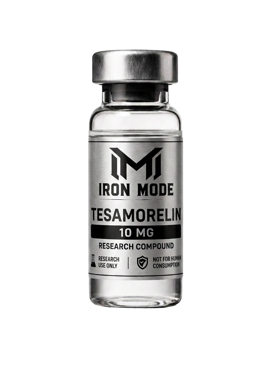 Tesamorelin research vial with Iron Mode metallic label